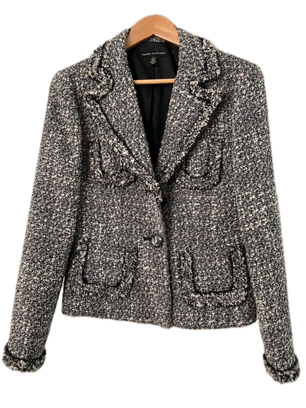 SANDRA ANGELOZZI Wool Blend Tweed Blazer Black White Tailored Jacket US 8 EUC